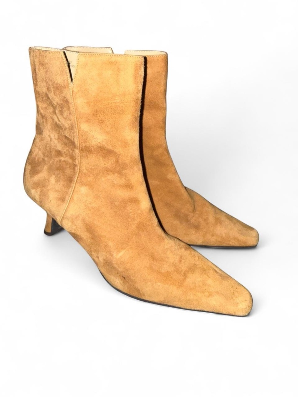 Anne Klein Camel Suede Pointed-Toe Kitten-Heel Ankle Boots